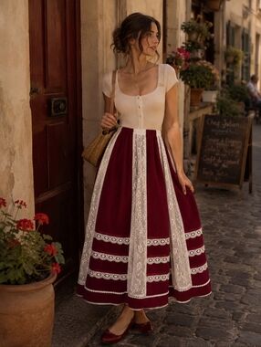 VTG Cottagecore Lace Velvet Prairie Boho Midi Skirt Red White S Folk Lace
